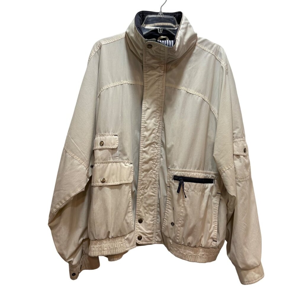 Men’s VTG Towncraft XL Beige Bomber Jacket Elastic Hem‎ Multiple Pockets Hood